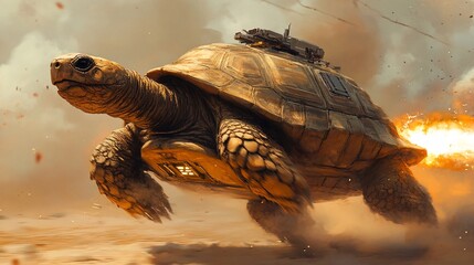 Naklejka premium A fantastical scene featuring a turtle gallantly racing through a sandy landscape, enhanced by a small creature riding atop it.