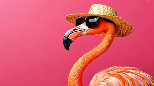 Colorful flamingo wearing a straw hat and sunglasses against a vibrant pink backdrop