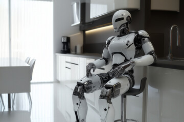 Fototapeta premium A metallic robot sitting on a single barstool in a clean, modern kitchen