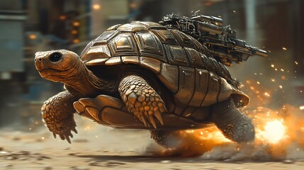 Naklejka premium A futuristic tortoise equipped with mechanical enhancements races through a gritty environment, leaving a trail of sparks and energy.