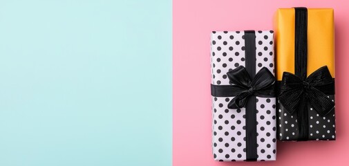 Fototapeta premium Valentine's day personalized gifts concept. Colorful gift boxes with patterns and ribbons are displayed against a pastel background, conveying a festive and cheerful atmosphere.