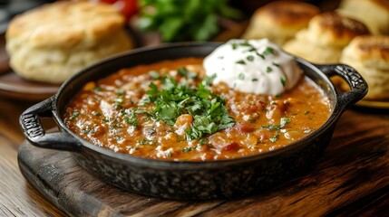 Fototapeta premium Vindaloo is a rich, spicy dish showcasing tender meat in a bold sauce. Garnished with fresh herbs and served with fluffy bread, it’s a feast for the senses.