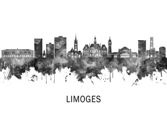 Obraz premium Limoges France Skyline BW, landscape watercolor abstract painting travel illustration urban art modern downtown landmarks skyscrapers artwork