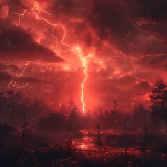 Fototapeta premium Dramatic Red Lightning Storm in Dark Sky