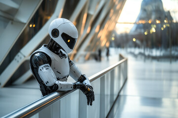 A robot leaning on a plain metallic railing overlooking an empty, modern plaza
