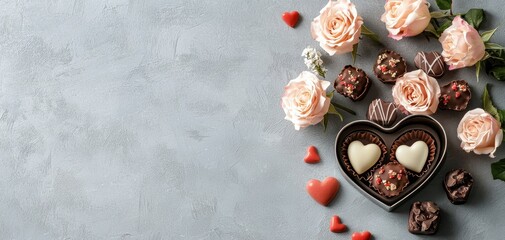 Valentine's day personalized gifts concept. A heart-shaped box of chocolates surrounded by pink roses and small red hearts, creating a romantic and elegant display.