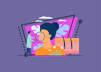 Tiny dermatologist examining dry face skin flat vector illustration. Abstract epidermis disease diagnostics or treatment. Dermatology, health medical protection and cosmetology concept
