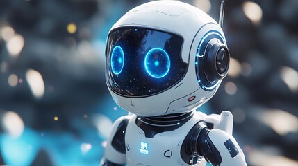A futuristic robot with glowing blue eyes and a sleek design, set against a blurred, ethereal background.