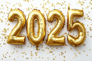 4 golden Inflatable Balloons，formed the number "2025"，in the middle of a white background