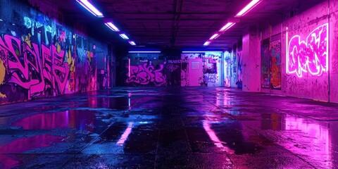 Neon lit room with graffiti on the walls