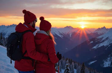 Fototapeta premium man and woman in winter clothes against snowy mountains at sunset