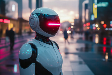 Fototapeta premium A sleek, humanoid robot standing alone on a modern city street at dawn, minimalistic urban design in the background