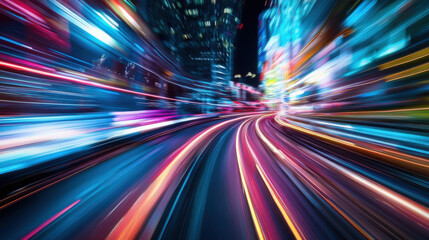 Vibrant neon lights create dynamic motion effect in cityscape