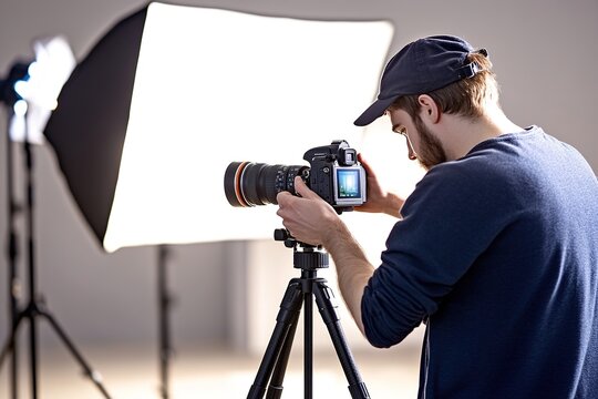 professional photographer adjusting camera on tripod in brightly lit studio
