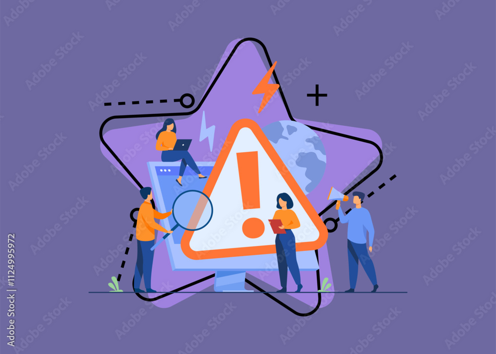 Poster tiny people examining operating system error warning on web page isolated flat vector illustration. 