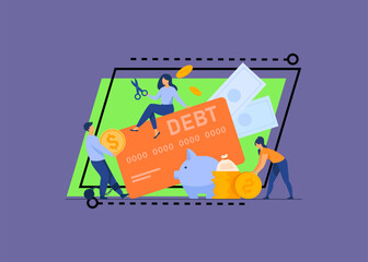 Tiny people in trap of credit card debt flat vector illustration. Cartoon characters paying money for expenses. Financial interest and infographics concept