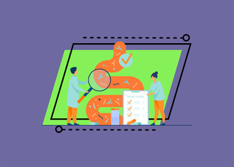 Tiny medical doctors examining gastrointestinal tract and digestive system isolated flat vector illustration. Abstract gut microorganisms and friendly flora. Healthy diet and nutrition concept