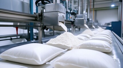 Milk powder packaging line: large hoppers feeding powder into pouches, heat sealers closing them, all in a neat sequence