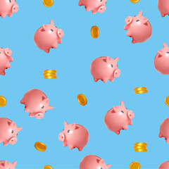 Piggy bank seamless pattern. Pink piggy banks on blue background. Falling gold dollar coins, 3d pink pig. Investments and saving money backdrop, finance decor, vector illustration endless print.
