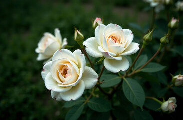 Bush large white roses, blooming flower outside garden, close-up. AI Generative