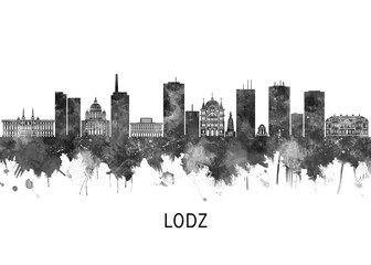 Obraz premium Lodz Poland Skyline BW, landscape watercolor abstract painting travel illustration urban art modern downtown landmarks skyscrapers artwork