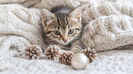 Cute Kitten Playing with Christmas Ornaments Snowy Scene Pet Photography Cozy Environment Close-Up Holiday Cheer