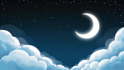 Crescent moon shining over white clouds in starry night sky