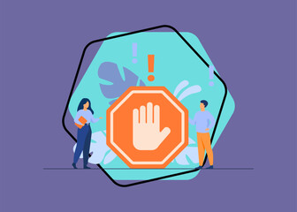 Tiny people standing near prohibited gesture isolated flat vector illustration. Cartoon symbolic warning, danger or safety caution information. Forbidden entry or restricted area concept