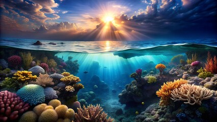 Colorful coral reef and fish underwater with bright sunlight shining through ocean waves