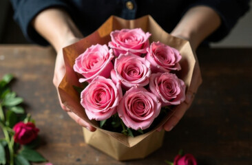 Hands of young female florist wrapping bouquet of pink roses in craft paper on wooden table, top view