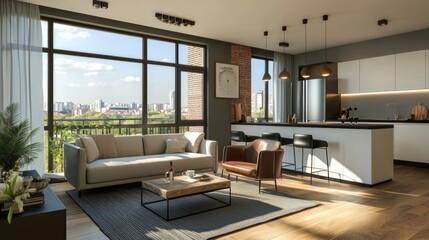 A well-lit, budget-friendly apartment interior with essential but stylish furniture.