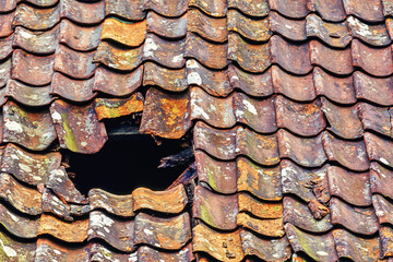 Large hole in an old tiled roof