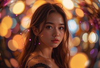 Fototapeta premium Portrait of a beautiful woman in a nightclub smiling with glamorous makeup and a background of blurry colorful lights