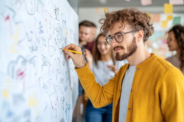 Creative brainstorming session with man writing on whiteboard, surrounded by colleagues. atmosphere is collaborative and energetic, showcasing teamwork and innovation