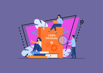 Tiny people with guide instructions or handbooks flat vector illustration. Cartoon characters reading user manual, guidebook or guidance. Help and book with instructions for use concept