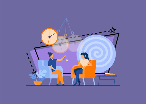 Trance effect on woman during session of hypnosis therapy isolated flat vector illustration. Abstract psychedelic whirlpool and chatelaine watch. Altered state of mind and unconsciousness concept