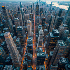 Drone view of a large city at dusk