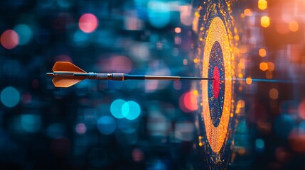 A dart is poised to hit the center of a digital target, surrounded by vibrant bokeh lights, symbolizing focus and precision.