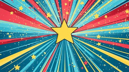 A vibrant graphic featuring a central yellow star, radiating colorful rays of blue, red, and yellow, creating a dynamic and energetic visual effect.