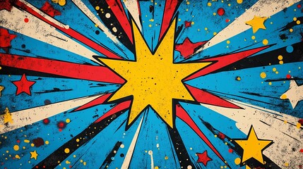 Fototapeta premium A vibrant comic-style explosion featuring a central yellow star, surrounded by red and blue rays and colorful stars against a textured background.