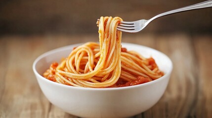 Spaghetti with amatriciana sauce in the dish on the wooden table.