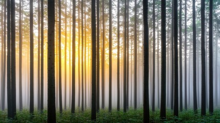 Obraz premium A tranquil forest scene at sunrise, with tall trees enveloped in mist, creating a serene and atmospheric landscape.