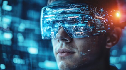 Futuristic Man Wearing AR Glasses, Digital Data Overlay
