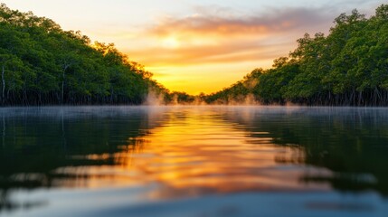 Obraz premium A serene sunset illuminates a tranquil river, surrounded by lush greenery, reflecting the vibrant colors of the sky in calm waters.