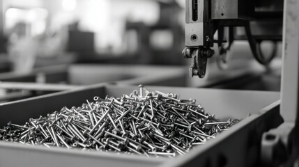 Nail and screw production line, metal wires drawn and cut at high speed, bins filling with shiny fasteners
