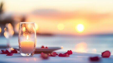 A romantic candlelit setting with rose petals, overlooking a serene sunset by the water, perfect for intimate dinners.