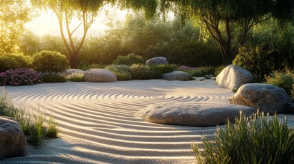 Serene Sunrise Garden With Circular Sand Pattern