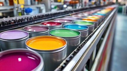 Paint filling line with metal cans gliding along, nozzles dispensing exact quantities of color, lids sealed automatically