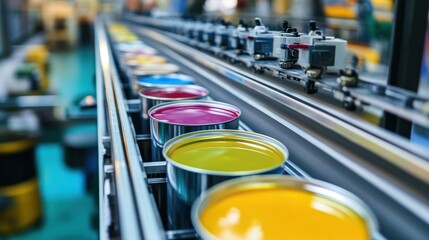 Paint filling line with metal cans gliding along, nozzles dispensing exact quantities of color, lids sealed automatically