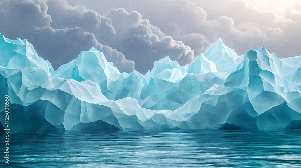 Poster large polygonal iceberg floating in the ocean under cloudy sky